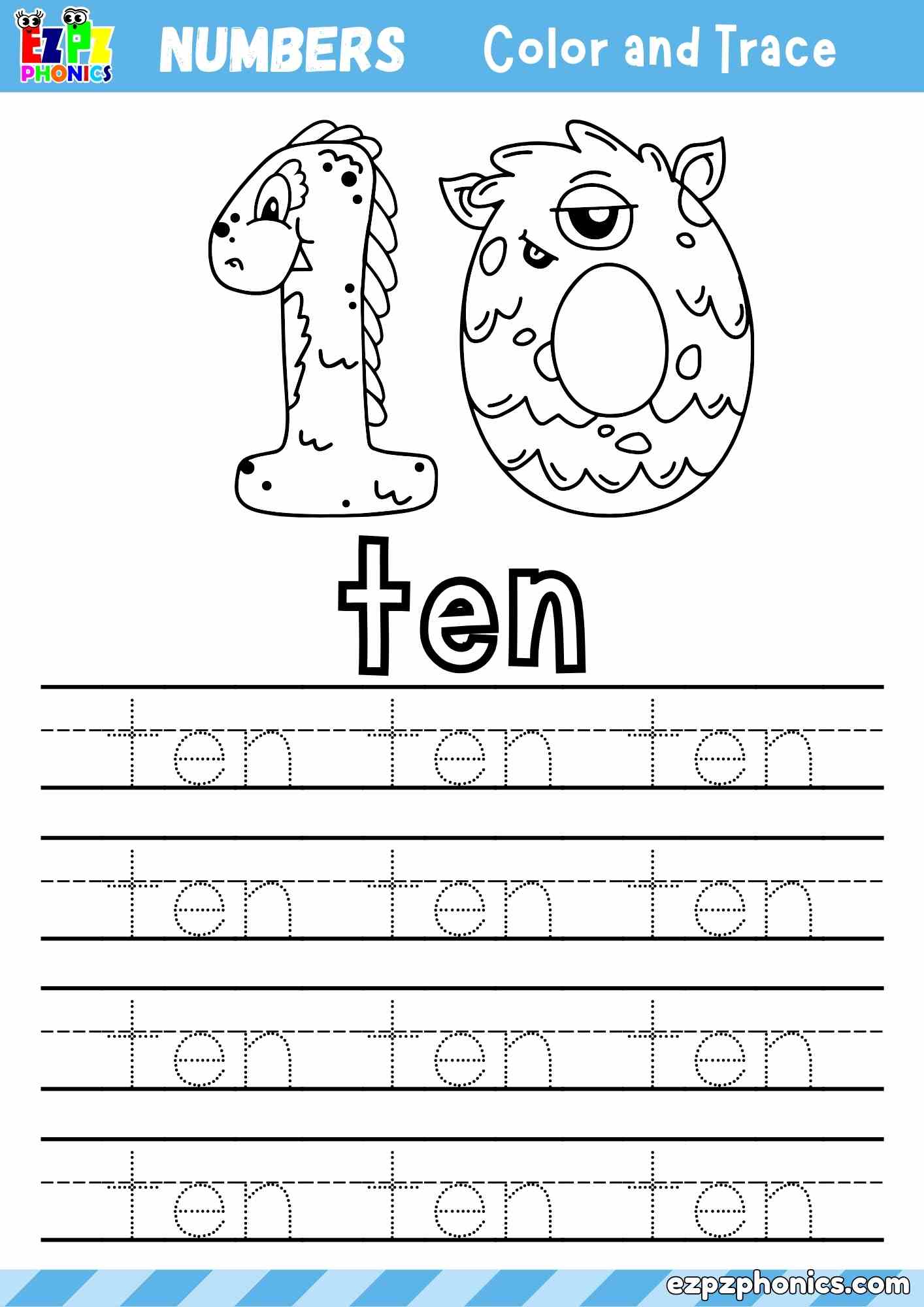 Number Ten Word Tracing Activity (Free PDF Download)
